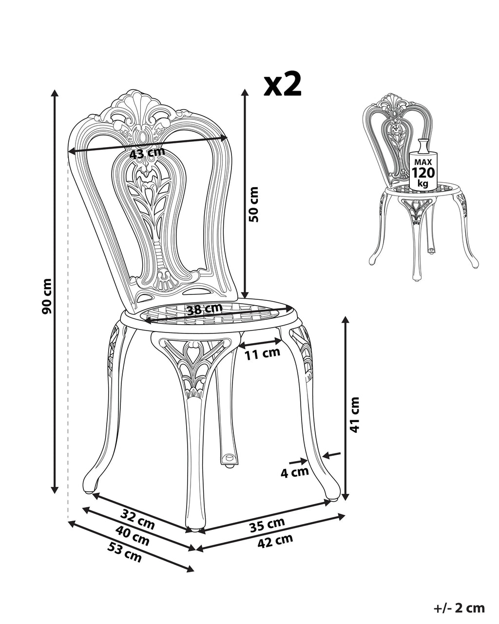 Lot de 2 chaises de jardin Métal Marron foncé