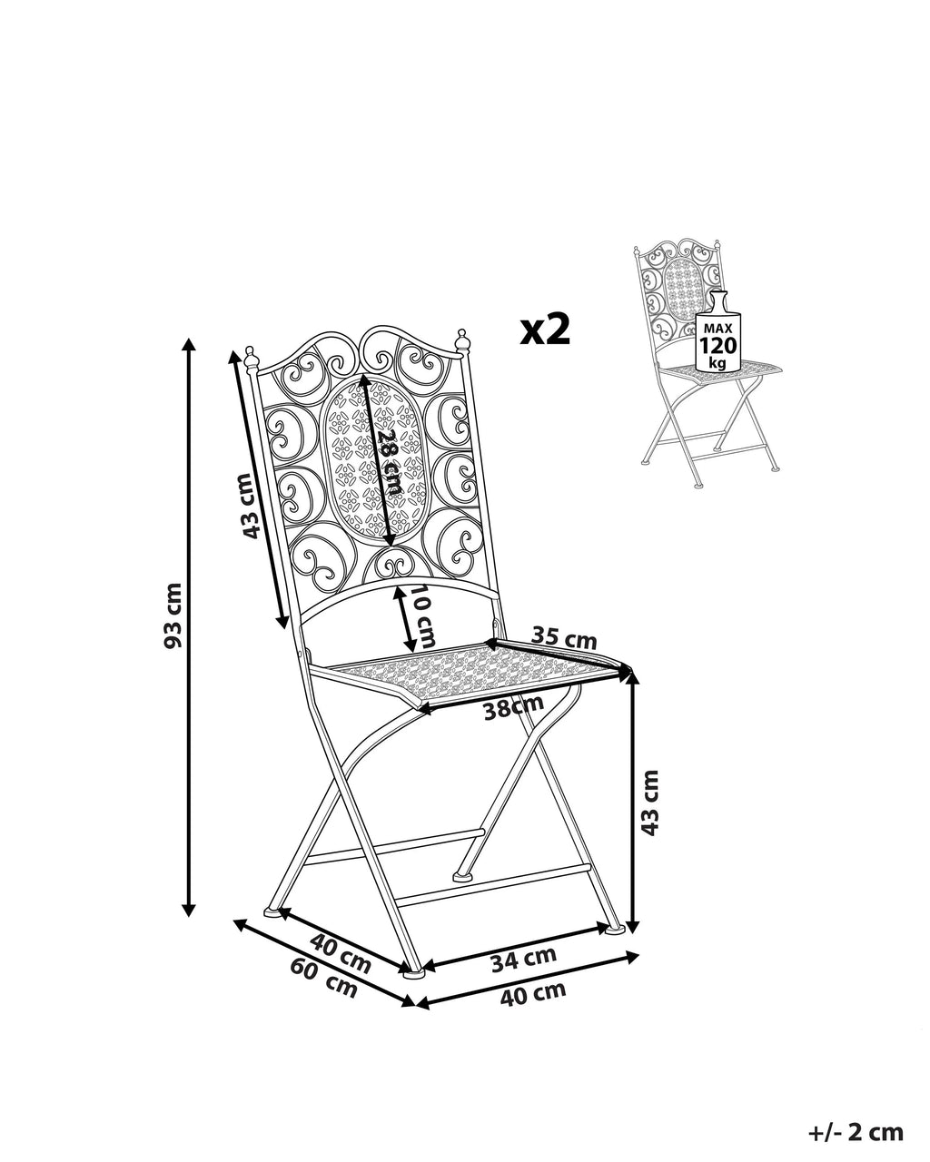 Lot de 2 chaises de jardin pliantes en métal noir