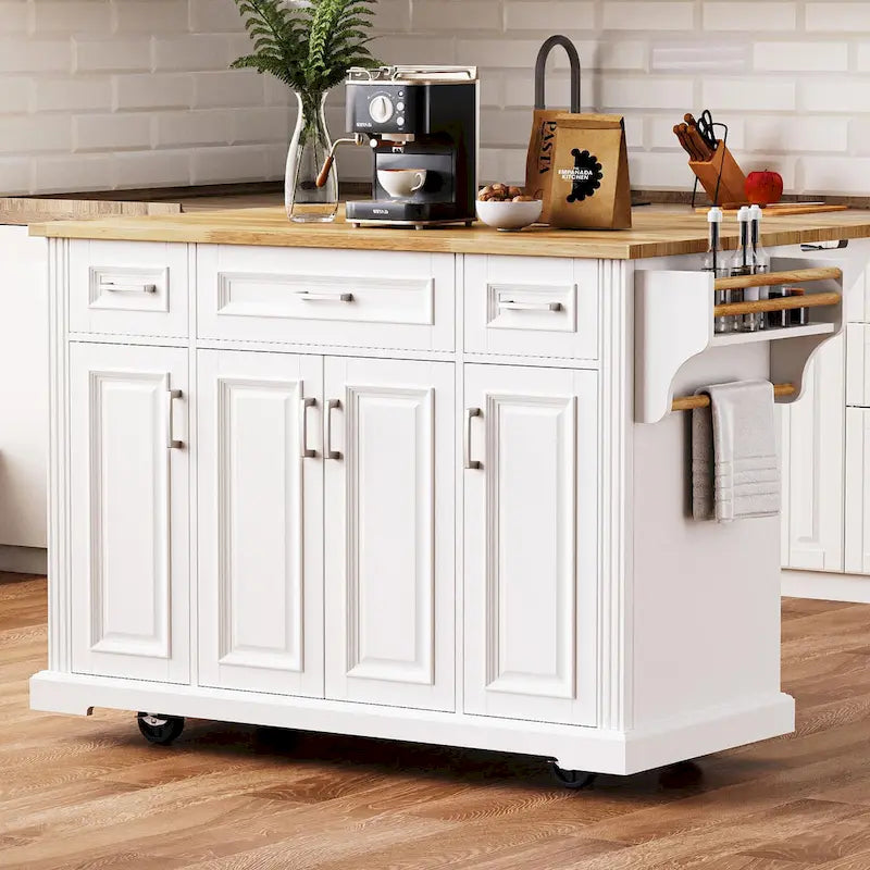 Grand îlot de cuisine avec abattant en bois, desserte à roulettes avec texture en relief, portes, tiroirs et rangement pour cuisine, blanc