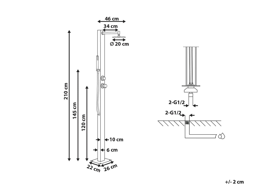 Douche d'Extérieur 210 cm - Pommeau 20x20 cm avec Douchette à Main en Zinc Argent Brossé - Colonne pour Jardin