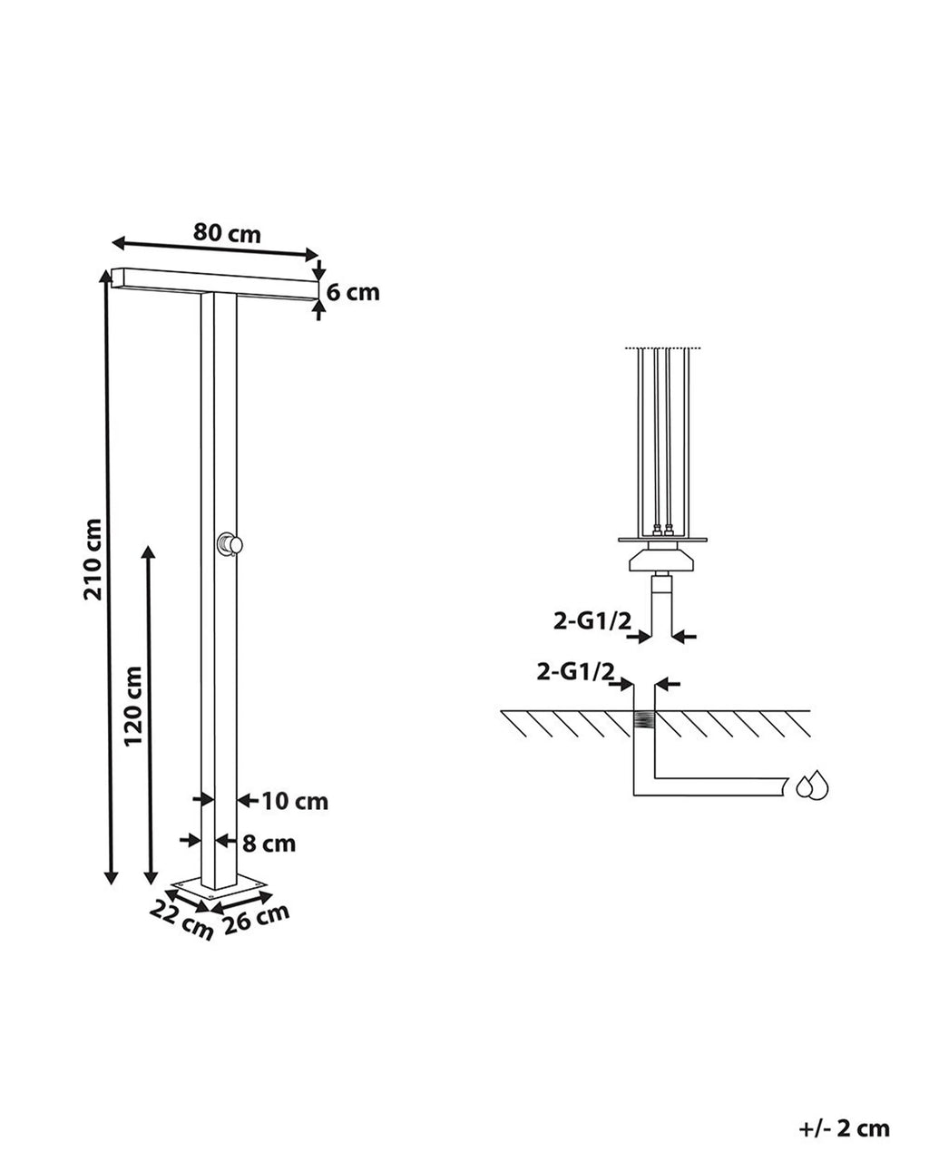 Douche Extérieure 210 cm - Pommeau de Douche Pluie 80 cm en Zinc Argent Brossé - Colonne de Douche pour Jardin
