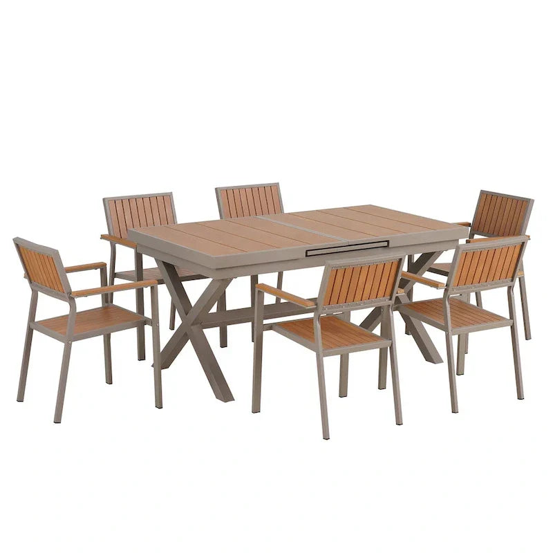 Ensemble de salle à manger extérieur extensible 7 pièces avec table extensible et 6 chaises avec accoudoirs
