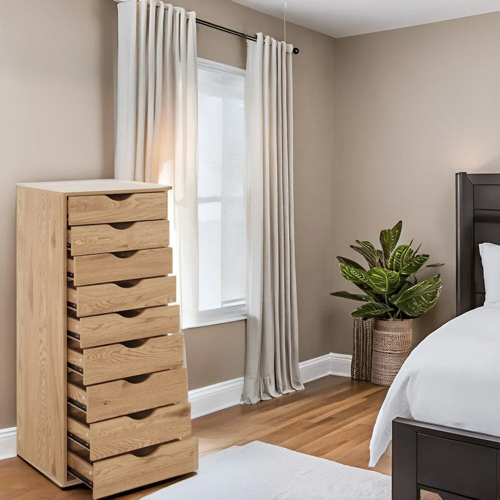 Meuble étroit en bois à 9 tiroirs avec coulisses fluides et étagère de rangement supérieure