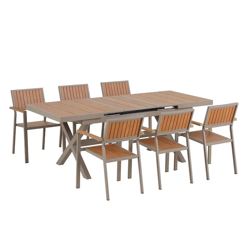 Ensemble de salle à manger extérieur extensible 7 pièces avec table extensible et 6 chaises avec accoudoirs