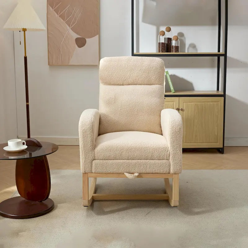 Fauteuil à bascule moderne à dossier haut rembourré de 29,5 po avec pieds en bois massif et repose-pieds réglable