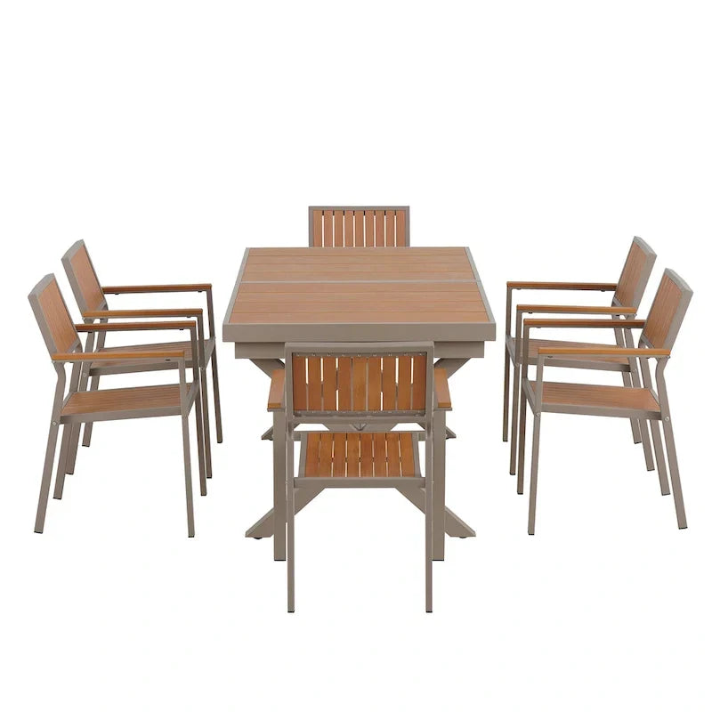 Ensemble de salle à manger extérieur extensible 7 pièces avec table extensible et 6 chaises avec accoudoirs