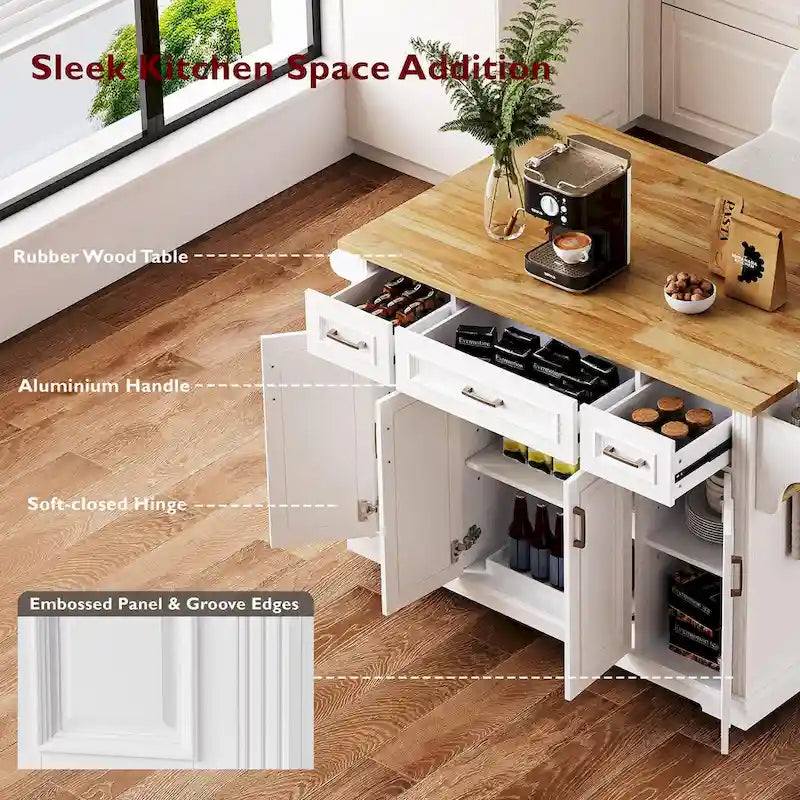 Grand îlot de cuisine avec abattant en bois, desserte à roulettes avec texture en relief, portes, tiroirs et rangement pour cuisine, blanc