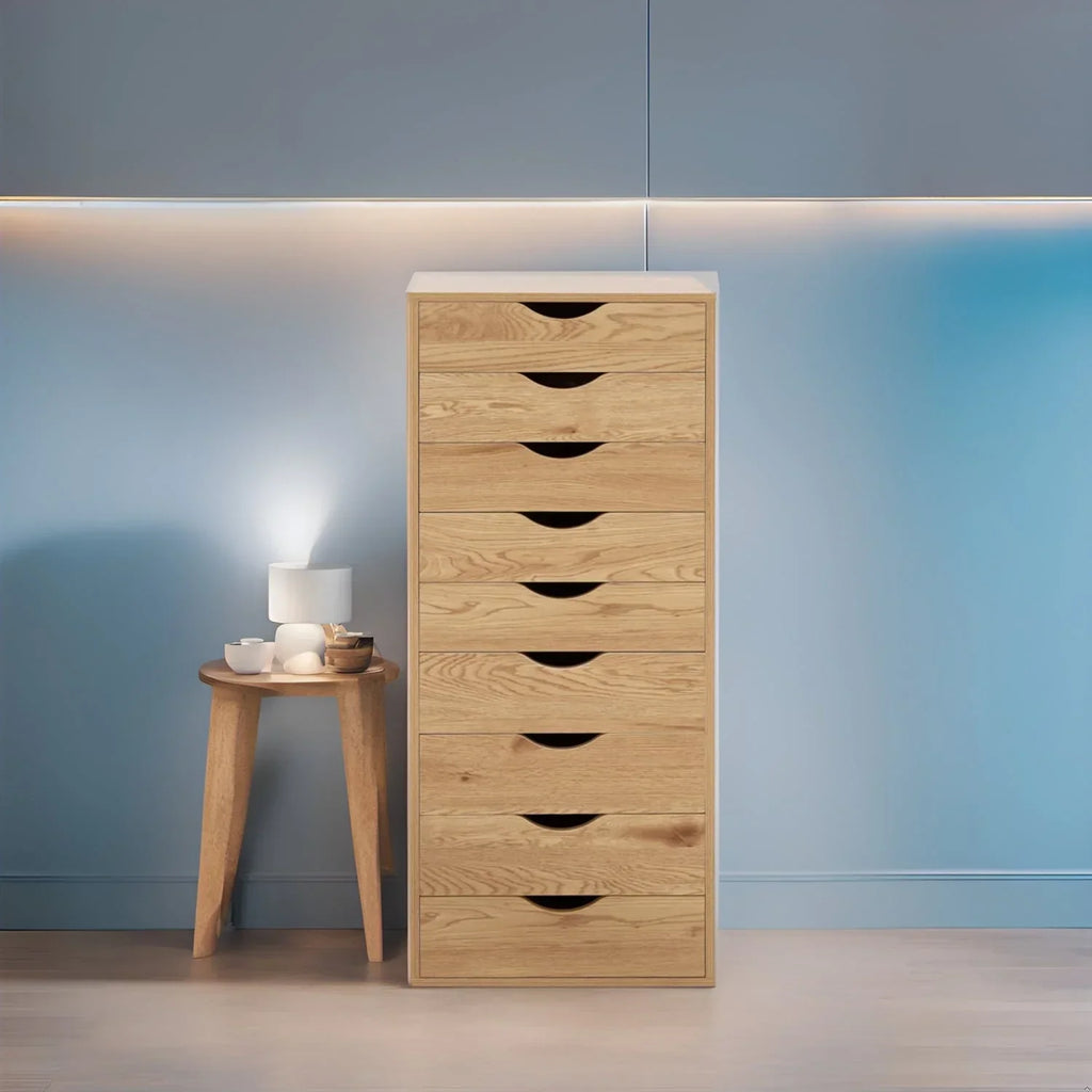 Meuble étroit en bois à 9 tiroirs avec coulisses fluides et étagère de rangement supérieure