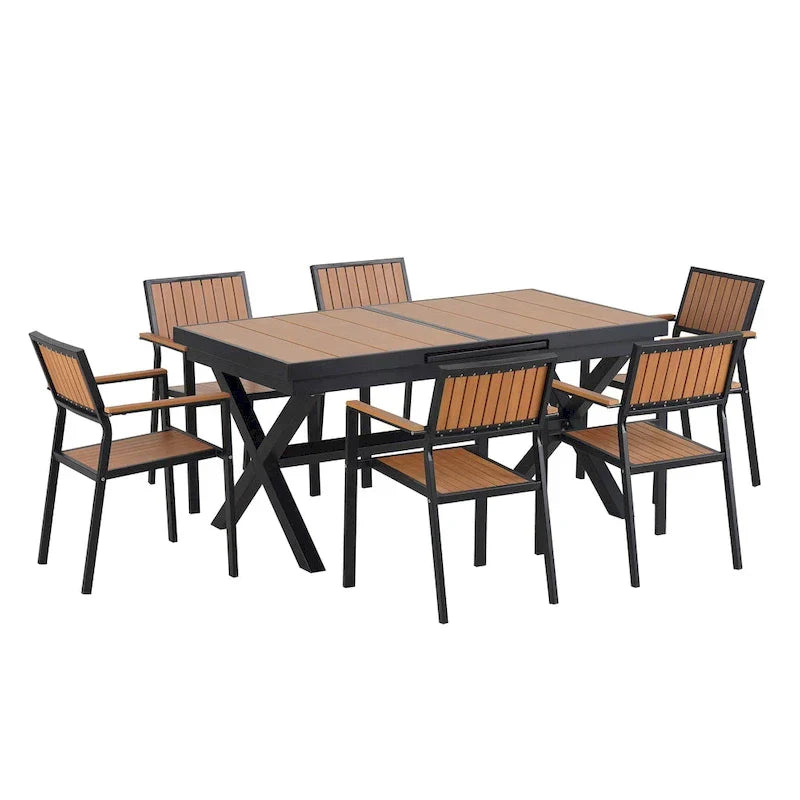 Ensemble de salle à manger extérieur extensible 7 pièces avec table extensible et 6 chaises avec accoudoirs