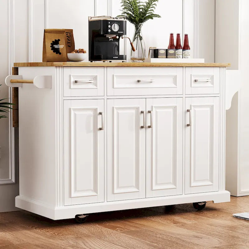 Grand îlot de cuisine avec abattant en bois, desserte à roulettes avec texture en relief, portes, tiroirs et rangement pour cuisine, blanc