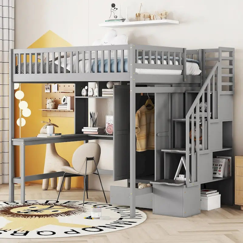 Lit mezzanine deux places en pin avec bureau et rangement